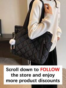 Casual Large Capacity Down Jacket Bag, Fashion Shoulder Bag, Portable Crossbody Handbag, Suitable For Commuting, School, Sports, Travel, Hiking, Outdoor Activities, Backpack For College, High School Students, Stylish Zipper Tote Bag, Women Handbag, Essential For University - Black - View 2