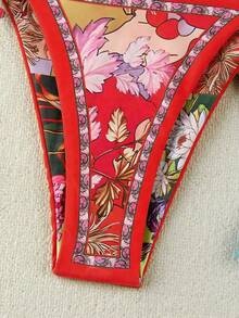 Bộ bikini buộc dây kiểu Bohemian mới, họa tiết hoa đỏ, đồ bơi thanh lịch, gợi cảm, thoải mái với họa tiết hoa rực rỡ và viền tương phản, bộ bikini dự tiệc đi biển. - Nhiều màu - Xem 5