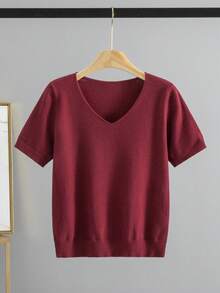 GIGOGOU Áo thun dệt kim tay ngắn mềm mại, thoải mái dành cho nữ, thích hợp cho mùa xuân/hè. - Đỏ - Xem 4