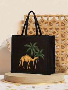 Camels & Coconut Trees Print Tote Bag, Reusable Cosmetic Pouch With Camels Design, Lightweight, Cosmetic & Toiletry Organizer Bag, Zippered Cosmetic Bag, Lightweight Tote Bag, Toiletry Bag, Storage Bag, Travel Accessory, Perfect For Shopping, Back-To-School Gift,Versatile Use,New Year, Valentine'S Day Gift, Ramadan Gift,Back-To-School Gift ,Room Decor - Multicolor - View 8