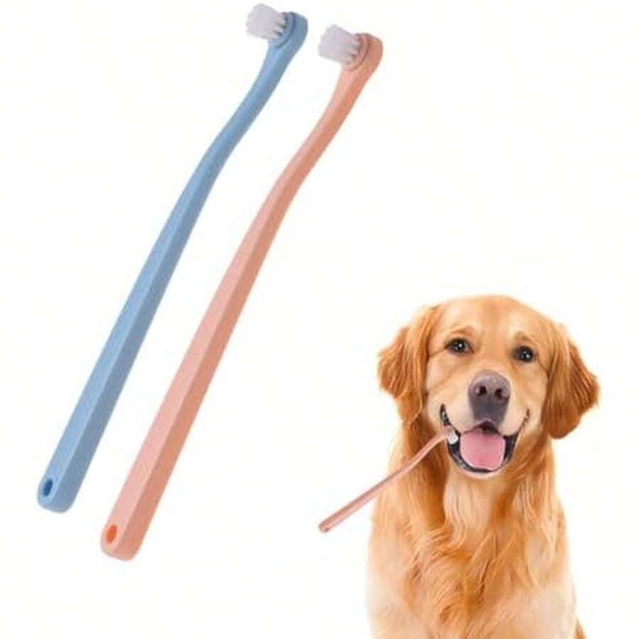 2 Pcs Toothbrush Kit (Pink&Blue), Dog And Cat Toothbrush Kit With Soft Brush For Puppy, Kitten, Small Pets To Deep Dental Cleaning - Pink & Blue - View 1