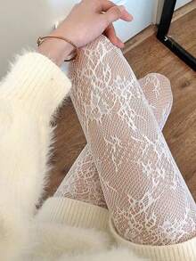 1pc French Retro Rose Floral Lace Jacquard Fishnet Stockings, Fashionable Sexy Elegant Women Fatale Style, Suitable For Festivals, Parties, Galas - White - View 5