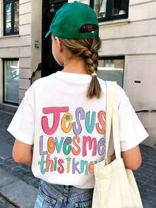 Tween Girl "Jesus Loves Me" Slogan Print Round Neck T-Shirt, Summer Top - White - View 3