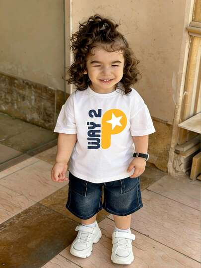 1pc Baby Girls' Creative Cartoon Decor Letter Slogan Print Basic Round Neck Short Sleeve T-Shirt, Casual & Fashionable Infant Clothing