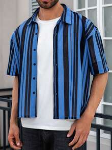 Men's Single-Breasted Casual Commuter Striped Short Sleeve Shirt - Blue - View 5