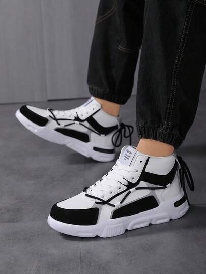Men's Classic Fashion Street Style Black & White Contrast Patchwork Platform Lace-Up Skateboard Shoes, Versatile Thick Sole Increase Height, Comfortable Outdoor Casual High-Top Sneakers For All Seasons