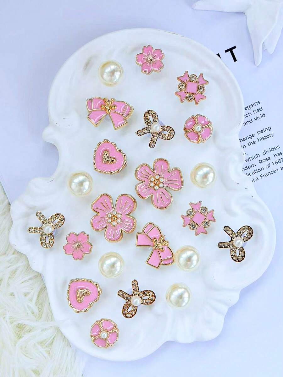 22pcs Pink & Gold Flower Heart Hole Shoe Charms, Rhinestone + Pearl Material, Luxury Sweet Girl Style, Suitable For Hollow Out Clogs - Cherry Blossom Bow Set - View 1