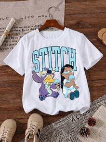 Disney Lilo & Stitch Eating Ice Cream Funny Summer Vibes Printed Pattern T-Shirts For Girls - Children's Clothing Design Short-Sleeved Casual And Cute Style Comfortable And Casual Wear All Year Round Suitable For Parties And Play Machine Washable Gift Children's Clothing Girls' Short-Sleeved Shirts - 白色 - 查看 2