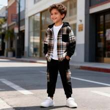 Boys 3-Piece Winter Set - Plaid Flannel Shirt, Hoodie & Pants For Layering, Cozy Fall Outfit Ages 4-11Y - Black - View 3