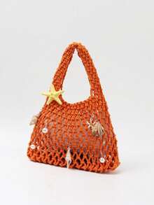 BAILEE 1个涤纶网眼手提包，多色纯色系带编织手提包，菱格纹图案，轻便大容量可爱日式棉布包，适合海滩、户外、旅行、徒步、夏季和冬季使用，是送给女性、学生、教师的绝佳礼物。 - 橘色 - 查看 7