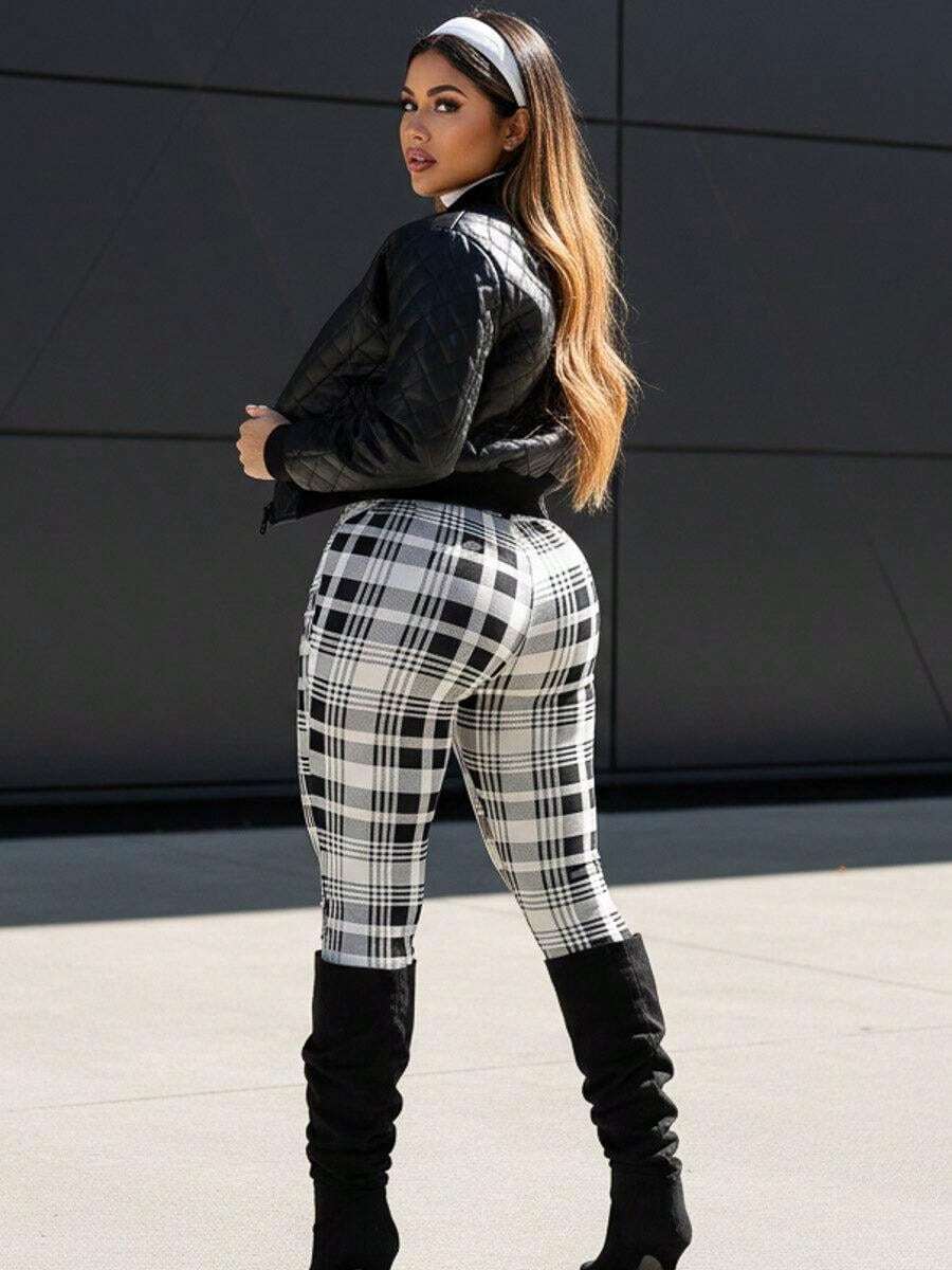 Butt Lift Stretchy Plaid Skinny Ankle Pants White & Black - Nhiều màu - Xem 1