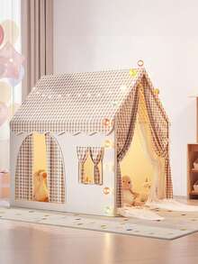 Children's Game House Tent, Large Indoor Parent Child Interactive Game Room, Crawling Game House Tent Suitable For Both Boys And Girls, Outdo Or Fun Game Tent, Durable Checkered Tent, Perfect Gift For Children, Tent For Kids, Tent, Equipped With Star Lights (Without Battery) - 黃色帳篷+燈套裝A(布質窗簾) - 查看 4