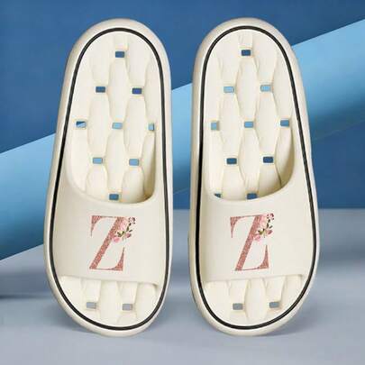 EVA Bathroom Slippers Quick Dry Breathable Sandals Couples Indoor Non-Slip Flip-Flop Leaky Slippers For Men Women Summer Vacation Beach Sandals Home Dormitory Essential Travel Accessories Initial Name 26 Letters Pattern