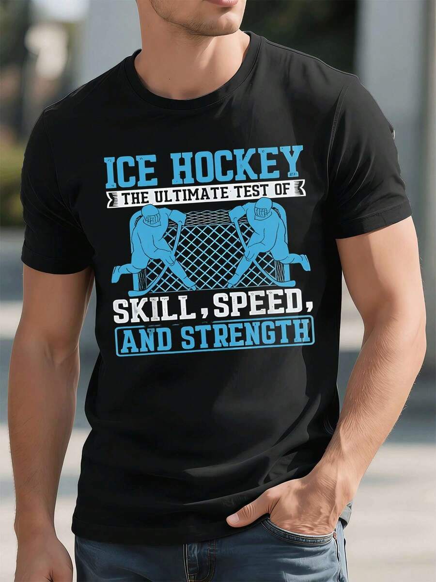 OVERSIZED Ice Hockey T-Shirt, Made Of Soft Cotton, Round Neck, Loose Fit, Comfortable, Street Hip Hop Style. - Black - View 1