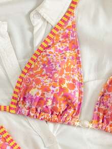 PEPPERMOLLY Bộ bikini in hoa màu cam và hồng rực rỡ - Bộ đồ bơi 2 mảnh dành cho nữ với viền sọc và điểm nhấn màu vàng, hoàn hảo cho kỳ nghỉ biển nhiệt đới và bơi lội mùa hè. - màu cam hồng - Xem 5