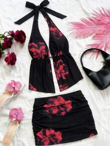 女士个性印花两件套 - 黑红配色，露背上衣，褶皱迷你裙，沙滩风 - 彩色 - 查看 3