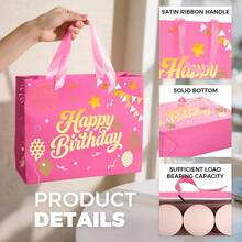 13" Black Birthday Gift Bag With Tissue Paper And Greeting Card, Happy Birthday Gift Bags For Party, Hot Foil Stamping Design Gift Wrap Bags Decor For Men, Women And Kids, 1 PCS, Medium Size - Dập nổi màu hồng - Xem 3
