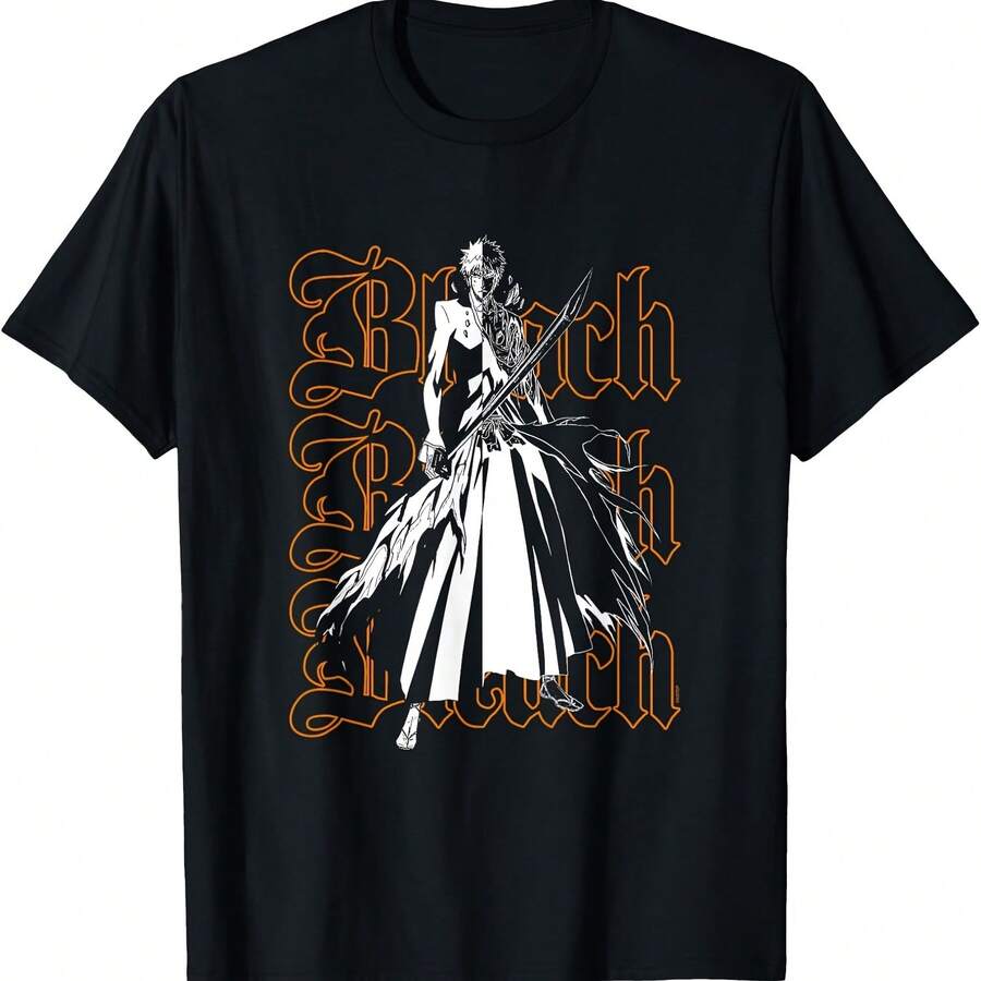 Camiseta de anime de Bleach Ichigo y logotipo gótico repetido - Negro 2 - Ver 1