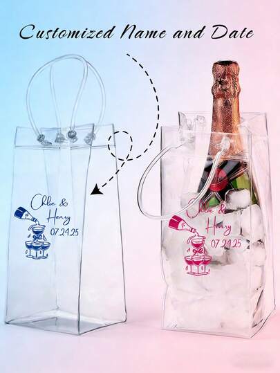 Bolsa portátil para enfriar vino de hielo personalizable con nombre y fecha, con asa, bolsa de hielo transparente de PVC a prueba de fugas, adecuada para enfriar vino tinto, vino extranjero, cerveza y diversas bebidas, impermeable y duradera, accesorio perfecto para bar, fiesta, cena, reunión, cumpleaños, salida, viaje, picnic y talla grande