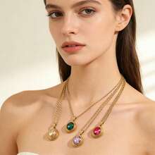 Retro Oval Green Crystal Pendant Necklace | Stainless Steel Gold Tone Waterproof Tarnish Resistant Jewelry For Women - Gold - View 1