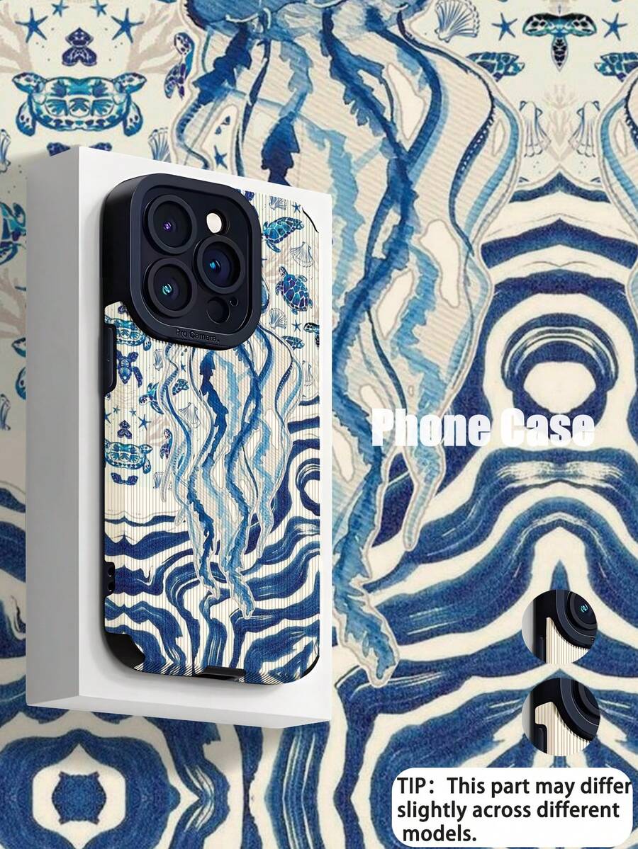 1pc Fashionable Unique Blue Jellyfish Textured Pattern Vertical Striped Elegant Protective Phone Case, Suitable As Birthday/Holiday Gift For Friends, Family, Couples, Compatible With Apple And Models - Multicolor - View 1