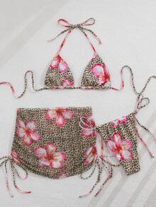Women's Vacation Beach Leopard Floral Print Halter Bikini Set With Coverup And Skirt, 3-Piece Set Summer - Light Brown - View 11