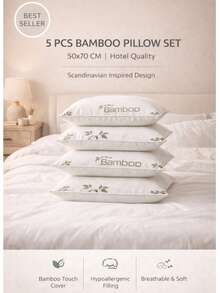 Bambu: 5 Pcs Bamboo Pillow Set 50x70 Cm – Ultra Soft Hotel Quality Bed Pillows, Hypoallergenic Breathable Filling, Machine Washable – Scandinavian Inspired – Made In Turkey - Grey - View 1