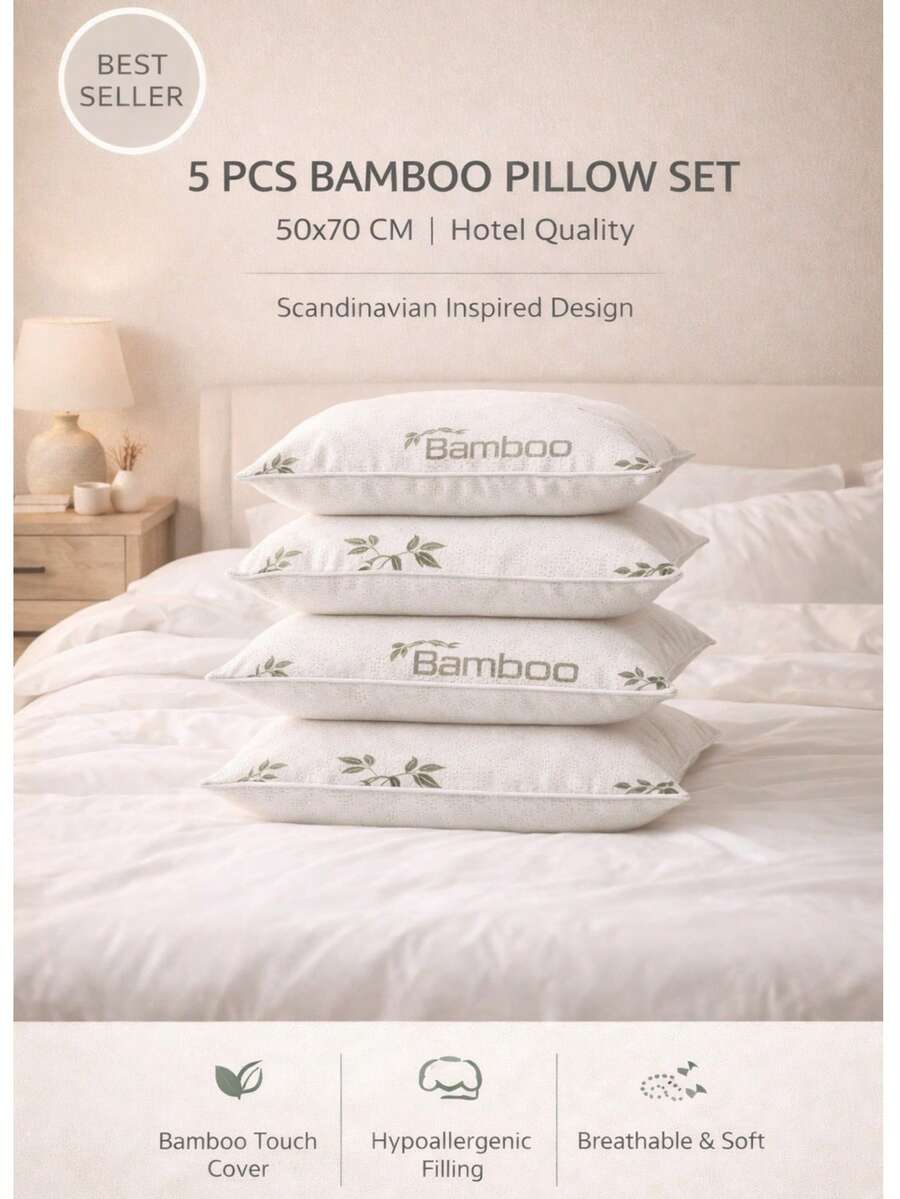 Bambu: 5 Pcs Bamboo Pillow Set 50x70 Cm – Ultra Soft Hotel Quality Bed Pillows, Hypoallergenic Breathable Filling, Machine Washable – Scandinavian Inspired – Made In Turkey - Grey - View 1