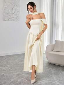 女士新款优雅时尚A字吊带连衣裙 - 不对称弧形廓形，垂褶腰带，是度假、浪漫约会、毕业派对和婚礼的理想之选 - 杏色 - 查看 4