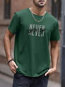 Men's Inspirational Slogan Print Round Neck Short Sleeve T-Shirt, Summer - Dark Green - View 2