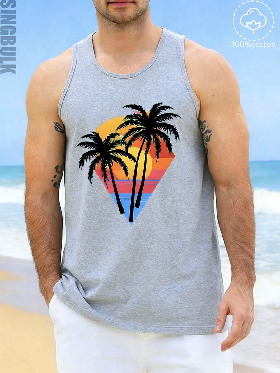 singbulk Men's Cotton Comfy Sleeveless With Beach Palm Tree Print Casual Tank Tops - 灰色 - 查看 1