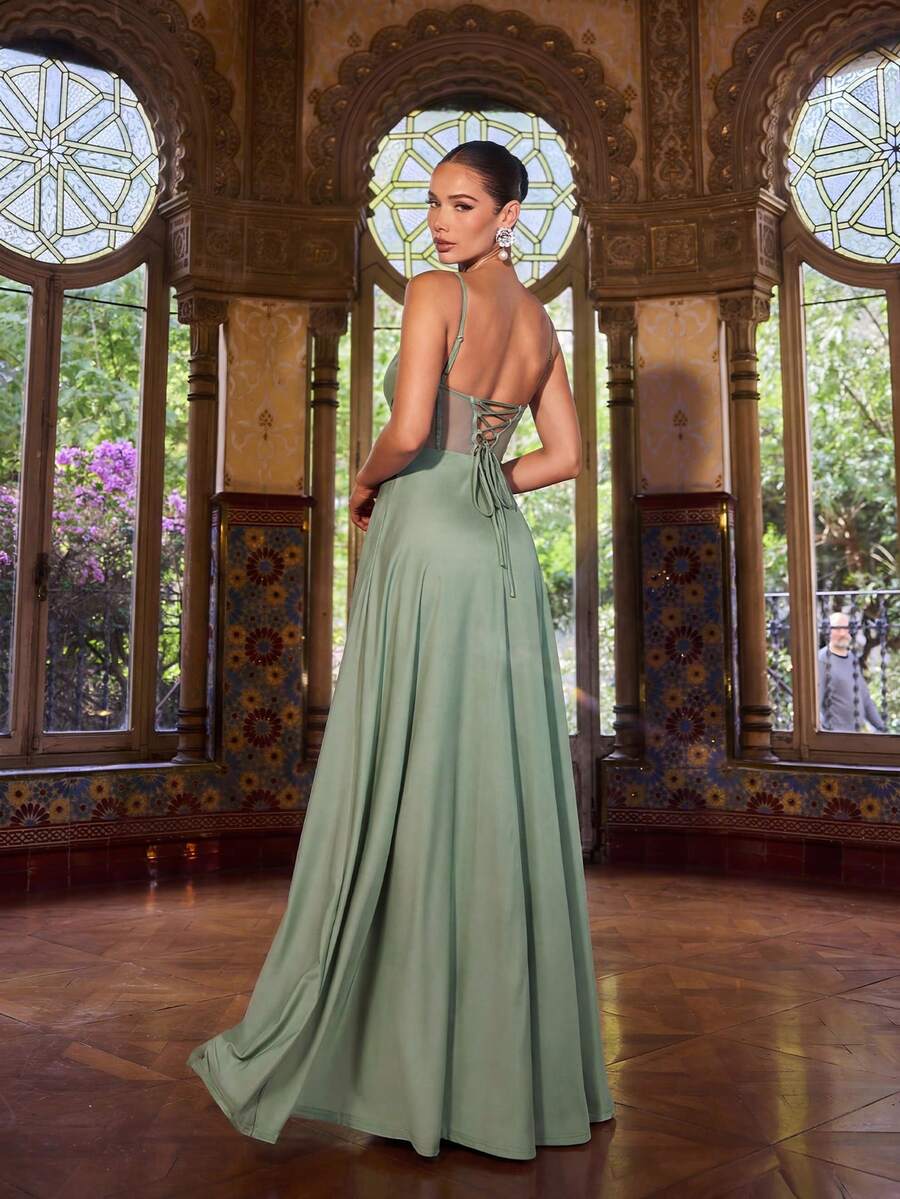 Faeriesty Elegant Party Mesh Patchwork Criss-Cross Backless High Slit Camisole Dress - Green - View 1