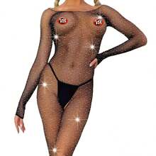 Hollow-Out One-Piece Mesh Lingerie Uniform, Seductive Sleepwear With Open Crotch, Long Sleeves, And Embellishments - 黑色 - 查看 5