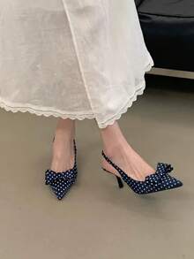 New Bowknot Pointed Toe Satin Kitten Heel Sandals, French Elegant Pumps For Women - Blue - View 5