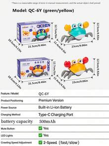 高端爬行電動螃蟹玩具，感應避障，LED燈光與動態音樂，可調速，一鍵靜音開關，增強幼兒聲音感知，引導爬行與行走，發聲玩具，逼真動物設計，3段速度控制開關，升級版，優質ABS材質，圓潤邊緣，充電電池供電，USB Type-C充電接口，附充電線，男孩女孩節日生日禮物 - 彩色 - 查看 13