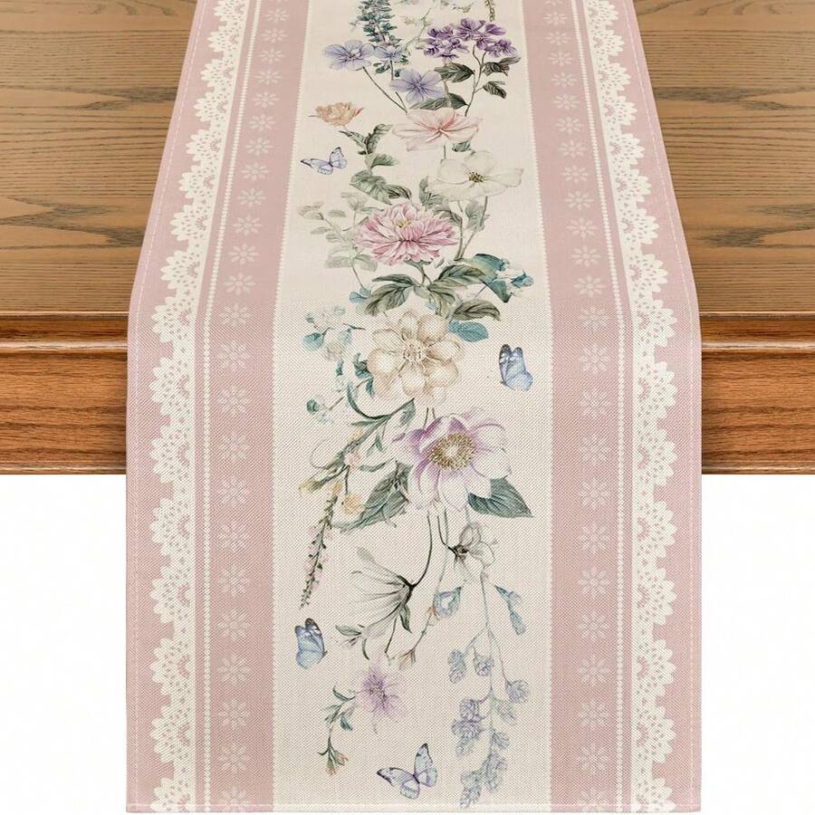 1pc Pink Floral Lace Floral Spring Table Runner, Suitable For Summer Kitchen Dining Table Decor, Home Party Decoration, Size 33x183cm - Pink - View 1
