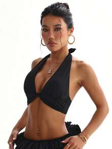 Women's Solid Color Removable Padded Halter Tie Back Sports Bra Spring - Black - View 4