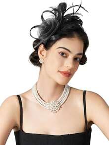 1 Peça Chapéu Fascinator Vintage Feminino dos Anos 20, 30 e 50, Headpiece com Véu Floral para Casamento, Chá da Tarde - Multicolorido - Visão 15