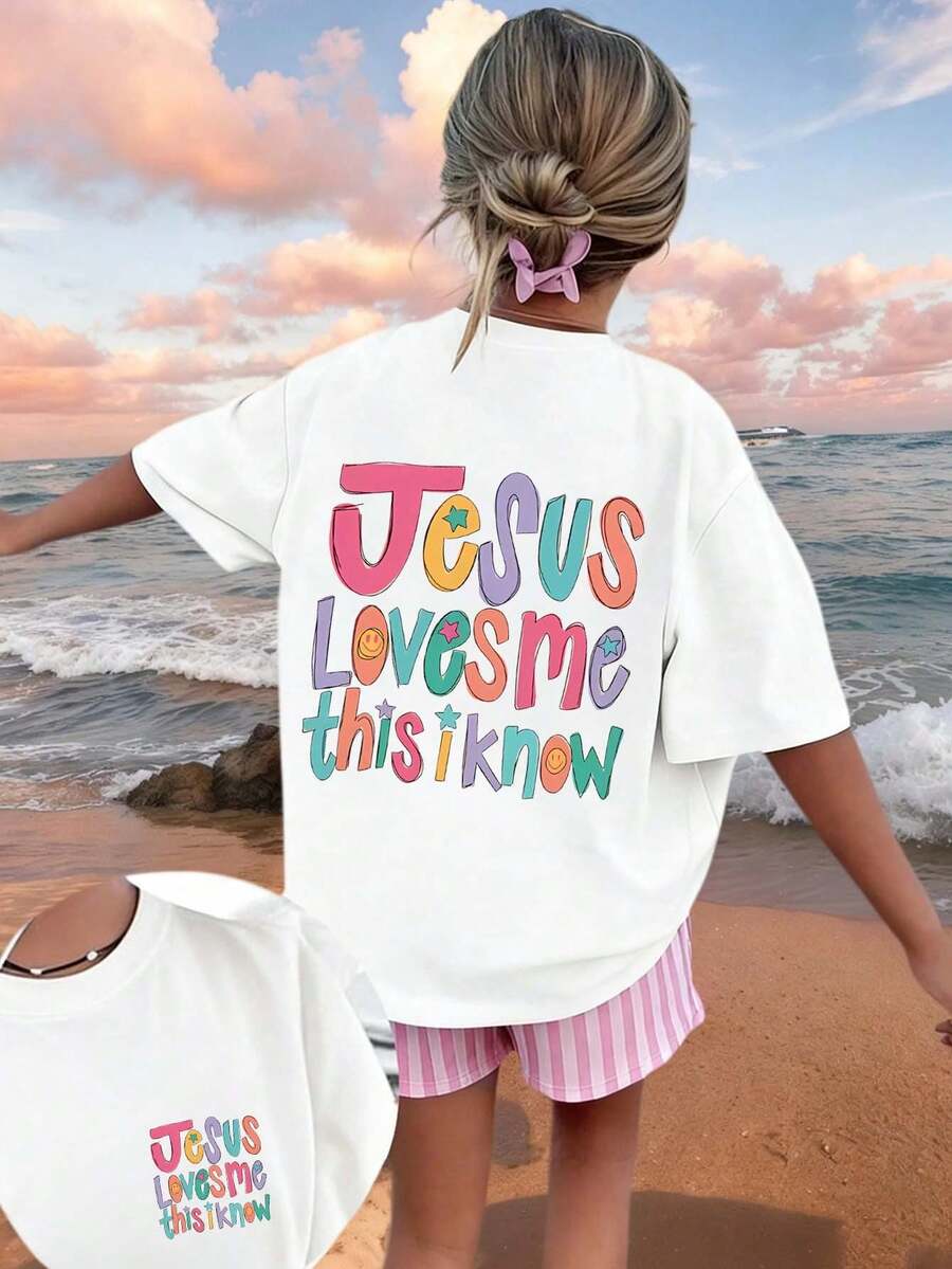 Tween Girl "Jesus Loves Me" Slogan Print Round Neck T-Shirt, Summer Top - White - View 1