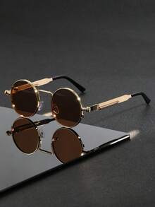 1 par de gafas de moda estilo steampunk redondas de metal para hombres, con diseño de patilla de resorte, adecuadas para deportes al aire libre, ciclismo, conducción, pesca, viajes, vacaciones en la playa - Multicolor - Ver 23