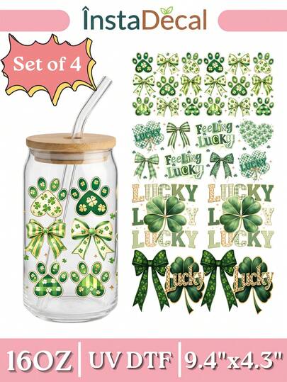 4pcs/Set St. Patrick's Day UV DTF Transfer Stickers For 16oz Libbey Glass Cups (9.4x4.3in), Lucky Girl Shamrock Green Bows & Boots Waterproof Cup Wraps, DIY Decals For Mugs No Heat Needed