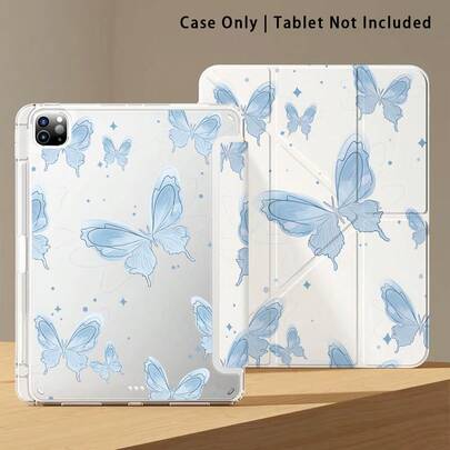 Light Blue Butterfly Pattern Acrylic Crystal Shell Case, Suitable For Honor, Apple Tablets. Anti-Bending, Reinforced Silicone Corners, Auto Wake/Sleep, Built-In Pen Slot, Multi-Angle Foldable Stand - Perfect Daily Protection, Great Gift Choice