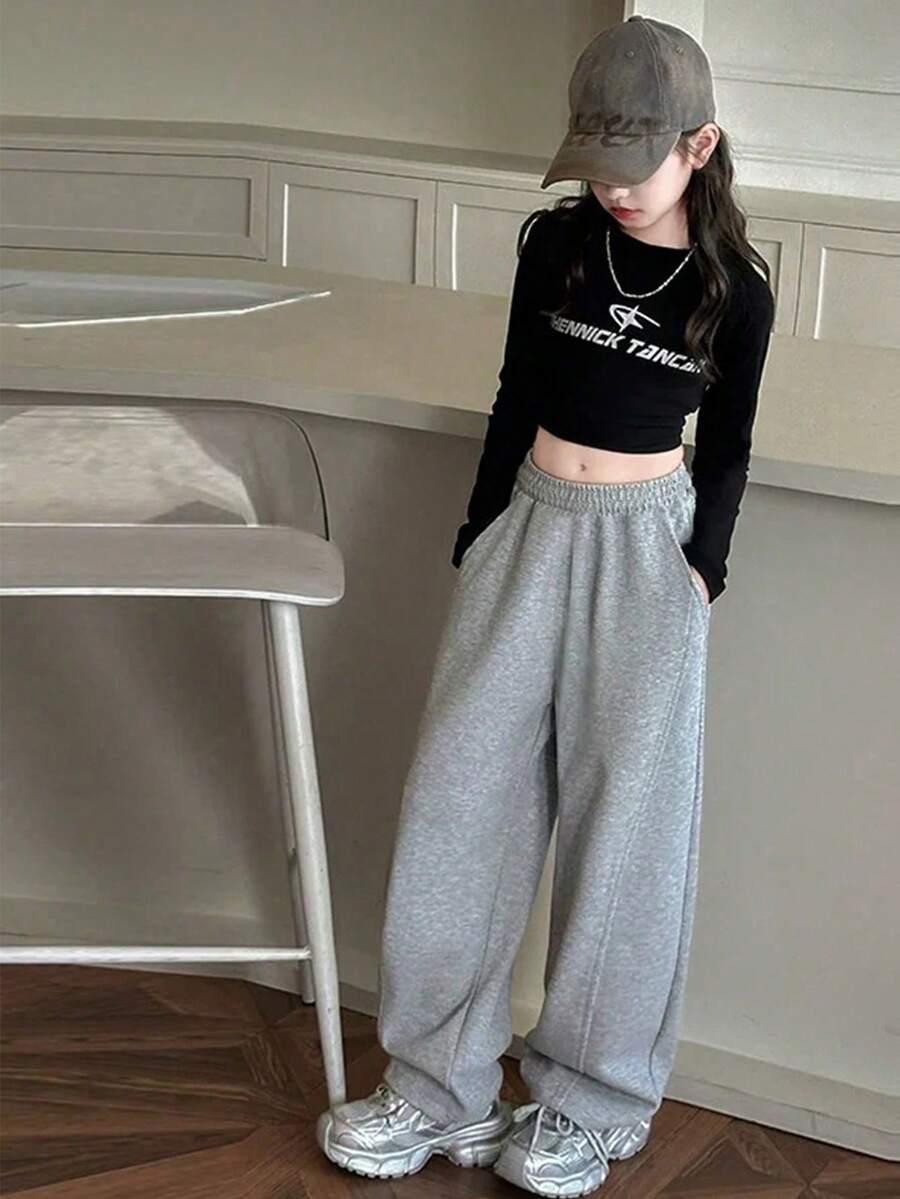 女童灰色阔腿运动裤，休闲轻便，适合春夏秋季穿着，运动风长裤，黑色长裤，运动服，绿色长裤，黑色长裤，长裤，运动裤，长裤，冬季，可爱长裤，长裤，条纹长裤，工装裤，运动裤，喇叭裤，秋季，8-12岁 - 灰色 - 查看 1