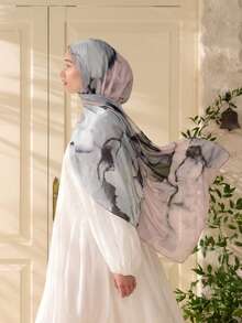 1条女士粉色渐变印花头巾，透气雪纺头巾，高品质数码印花围巾，多功能头巾 - 多色-356 - 查看 1