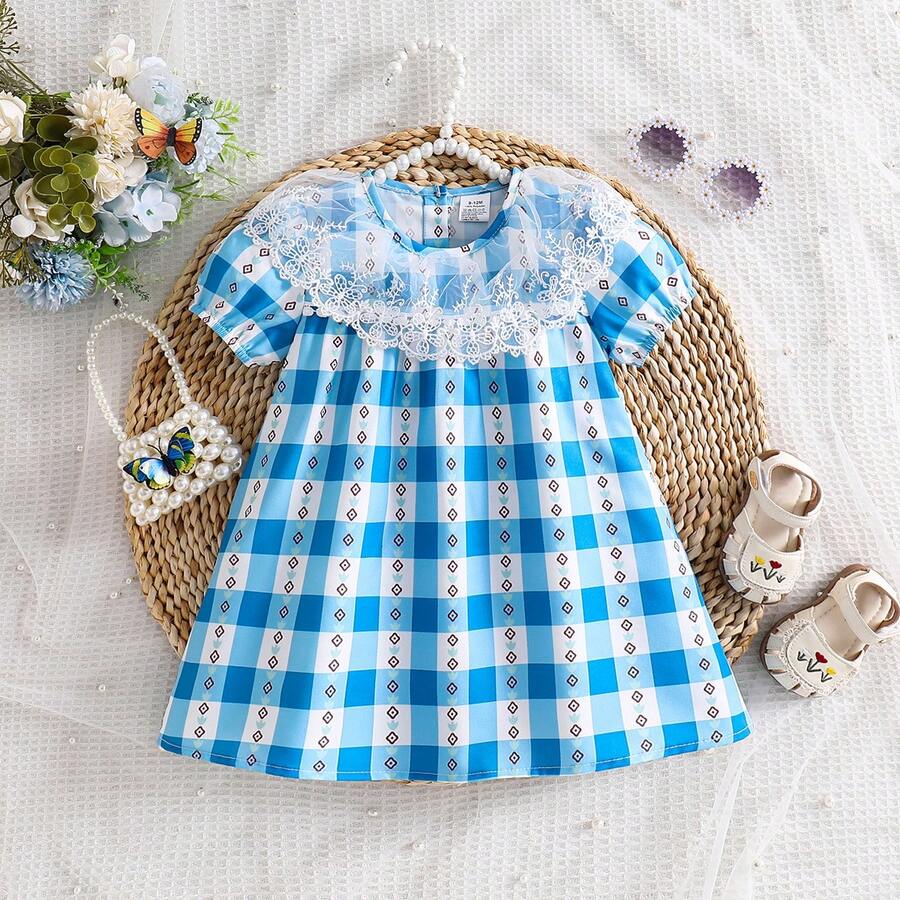 1件女童清新蕾絲飾邊泡泡袖A字洋裝,藍色與白色格紋休閒公主風洋裝,適合0-3歲女嬰,適用戶外、休閒、派對、節日禮物 - 寶藍色 - 查看 1
