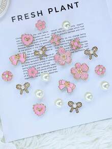 22pcs Pink & Gold Flower Heart Hole Shoe Charms, Rhinestone + Pearl Material, Luxury Sweet Girl Style, Suitable For Hollow Out Clogs - Cherry Blossom Bow Set - View 6