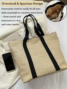 Summer Vacation Large Capacity Straw Tote Bag Women's Casual Seaside Beach Bag Woven Shoulder Handbag Double Handle White Purse For Travel Outing - 彩色 - 查看 6