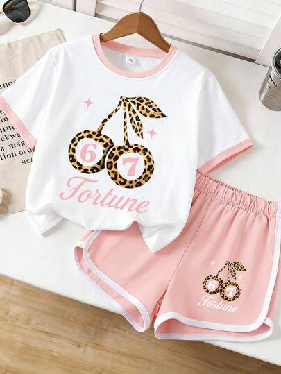 2pcs/Set Tween GirlsLoose Fit Colorblock Short Sleeve T-Shirt + Shorts, Leopard Print, Cherry & Number 67 Graphic, Breathable, Fashionable & Cute Summer Outfit