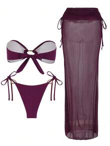 SwimNova Women's Bandeau Bikini Set With Sheer Sarong Pants, Elegant High Elasticity Beach Swimwear - Burgundy - View 2