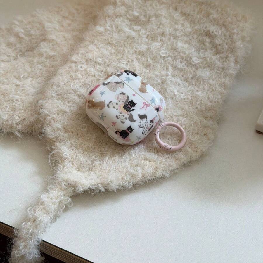 Cartoon Cat & Pony Graffiti Design Protective Case, Compatible With Apple Pro 2nd/3rd Generation Bluetooth Earphones Silicone Soft Case - White - View 1